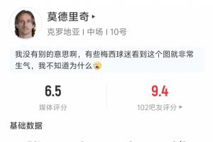 莫德里奇半场表现：传球成功17次，成功率为82.4%，完成1次解围，1次抢断，2次夺回球权