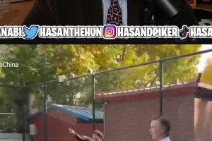 Hasan看早前加州州长纽森在中国和小孩打篮球，出现一点小意外