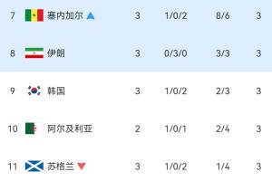 世界杯小组赛第三名积分榜：韩国被淘汰！伊朗排名从第七降至第八，形势危急