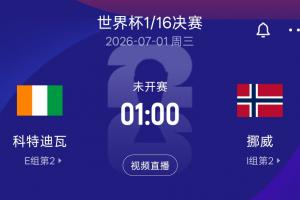 1/16淘汰赛挪威对阵科特迪瓦，胜者将与巴西或日本胜者会师16强