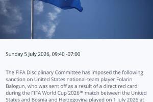 官方消息：美国球员巴洛贡可对垒比利时，红牌禁赛处分延迟一年实施